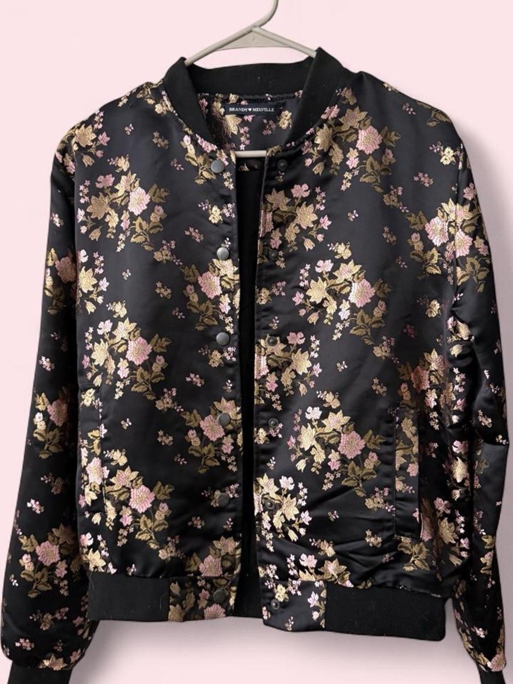 Brandy Melville Black Satin Floral Bomber Jacket with Pink & Gold Embroidery